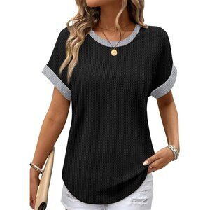 Women's Rolled Short Sleeve Shirts Waffle Knit Crew Neck Curved Hem Black